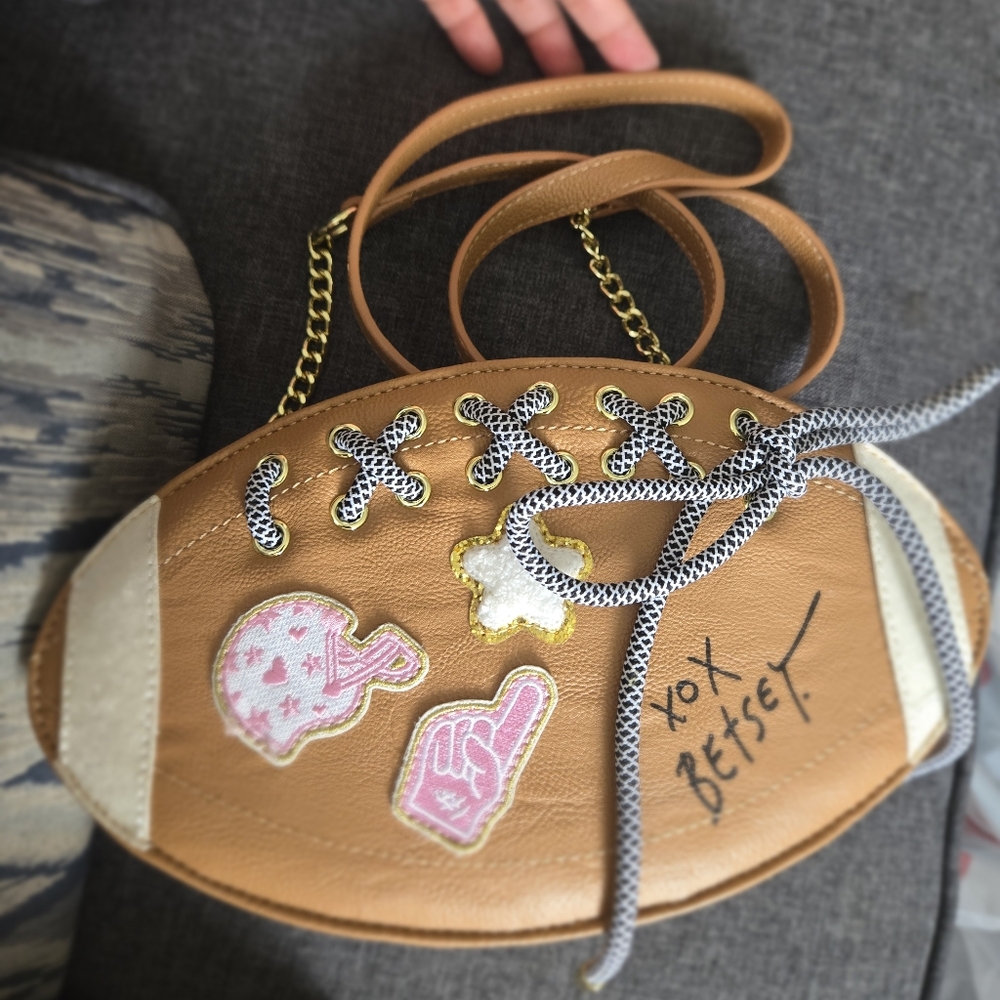 Betsey Johnson Tan Crossbody Football Bag with Pink Patches - Picture 1 of 7